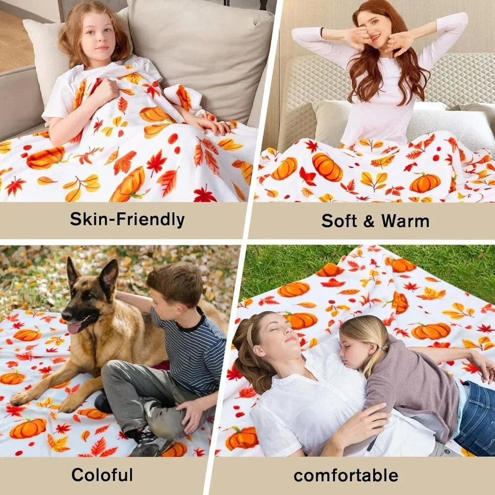 Fall Throw Blanket - Halloween Pumpkin Plush, Fuzzy Orange‎ Leaf, 50'' x 60